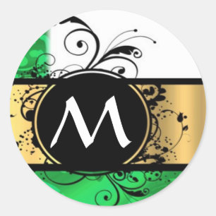 Vivid green and gold monogram classic round sticker