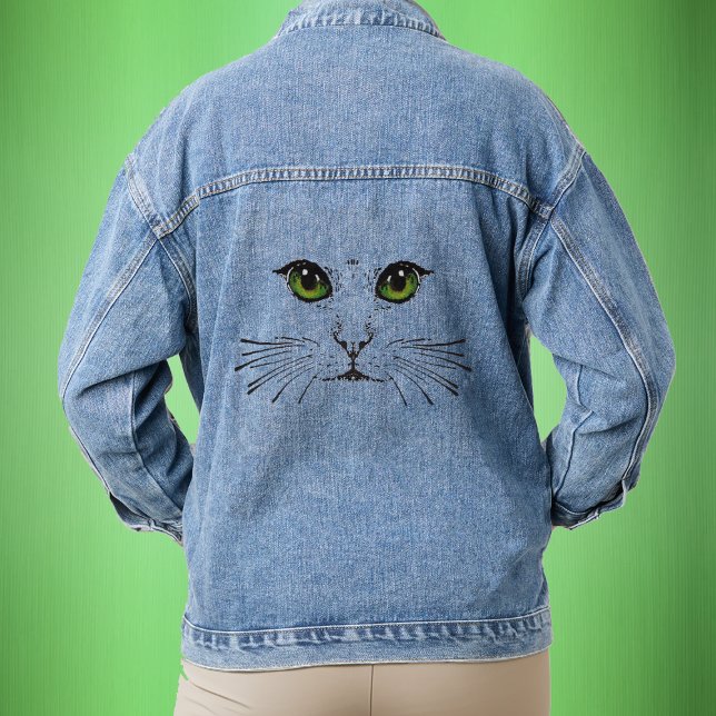 Vivid Green Cat Eyes Nose Whiskers Minimalist Denim Jacket (Kitty cat face with vibrant green eyes and long whiskers on denim jacket.)