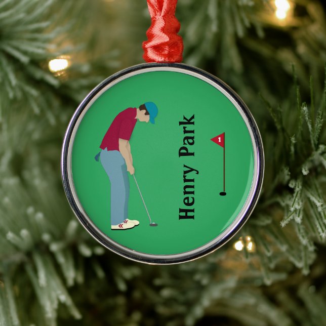 vivid Green Golfer Putting Christmas  Metal Ornament (Tree)