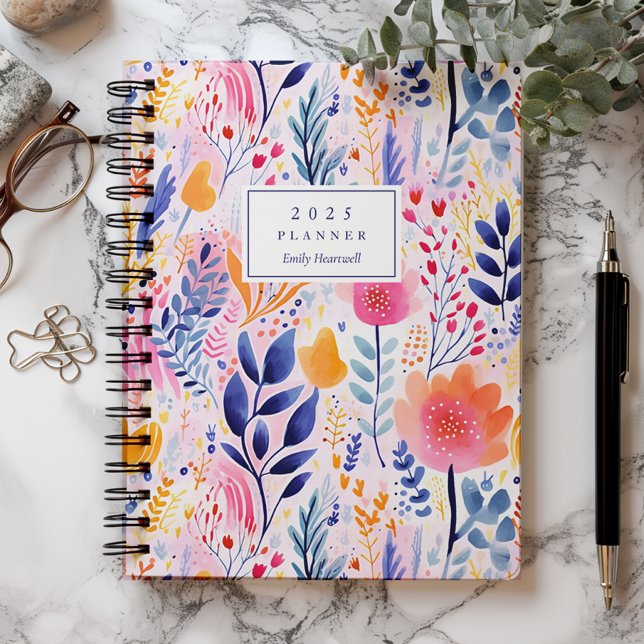 Vivid Hand Painted Botanical Blue Monogram 2025 Planner (Creator Uploaded)