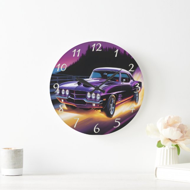 Vivid hotrod cruising along a scenic twilight road large clock (Home)