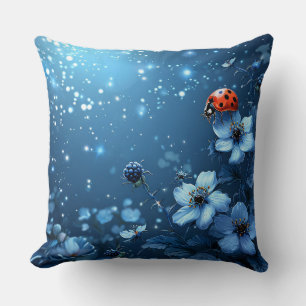 Vivid Ladybug on Blooming Flower Throw Pillow
