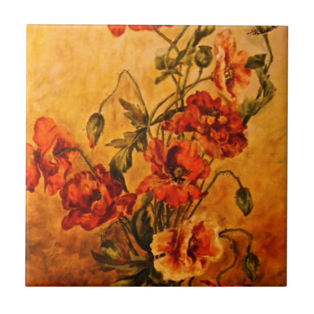 Vivid Late Victorian 1890 Oil Painting of Poppies Tile (Front)