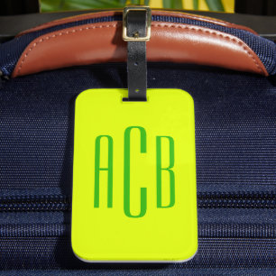 Vivid Lemon Lime Vertical Three Letter Monogram Luggage Tag