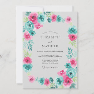 Vivid Magenta Teal Floral Wedding Invitation