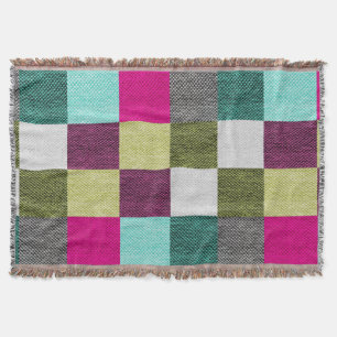 Vivid Multicolored Textured Wool Squares Throw Blanket