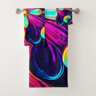 Vivid Neon Floral Mandala Art Bath Towel Set