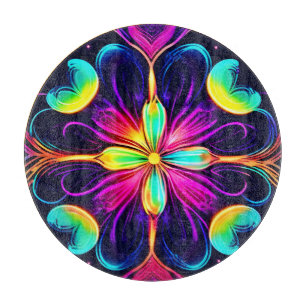Vivid Neon Floral Mandala Art Cutting Board