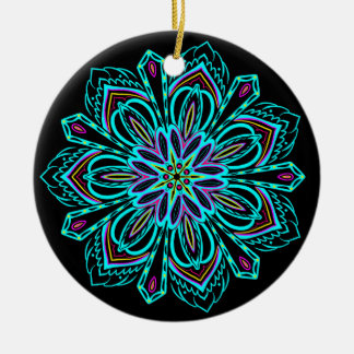 Vivid Neon Geometric Mandala on Black Bauble Ceramic Ornament