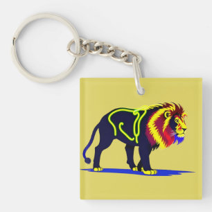 Vivid Neon Lion Illustration with Vibrant Magenta Keychain