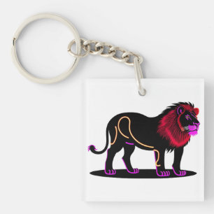 Vivid Neon Lion Illustration with Vibrant Magenta Keychain