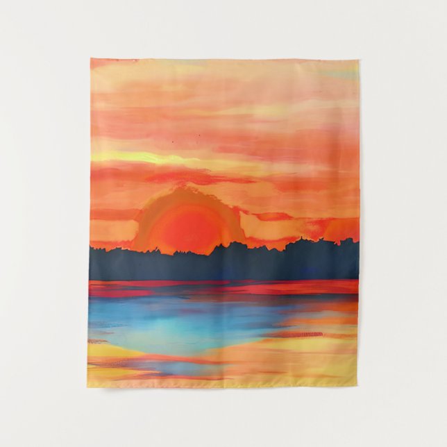 Vivid Ocean Sunset in Fiery Orange Tapestry (Front)