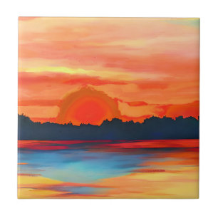 Vivid Ocean Sunset in Fiery Orange Tile