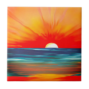 Vivid Ocean Sunset in Orange and Blue Tile
