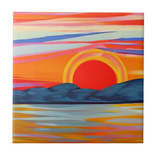 Vivid Ocean Sunset Over Mountains Tile
