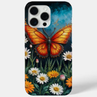 Vivid orange insect butterfly chamomile flowers