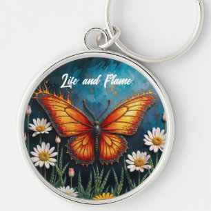 Vivid orange insect butterfly chamomile flowers keychain