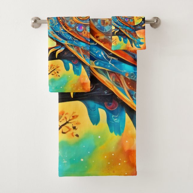 Vivid Owl Celestials: Wonder and Magic Bath Towel Set (Insitu)