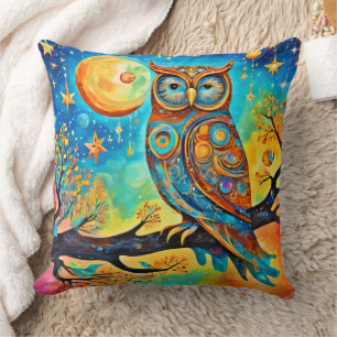 Vivid Owl Celestials: Wonder and Magic Throw Pillow
