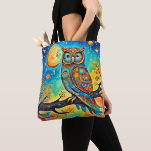 Vivid Owl Celestials: Wonder and Magic Tote Bag