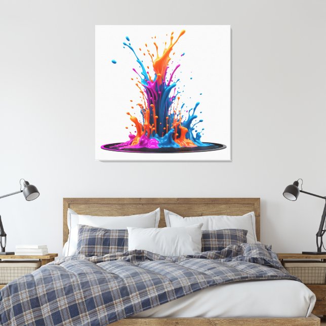 Vivid Paint Splashes Orange Blue Pink Abstract  Canvas Print (Insitu(Bedroom))