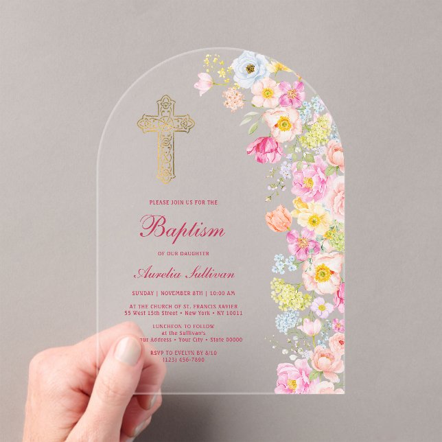 Vivid Pastel Flowers Arch Baptism Acrylic Invitations (Insitu (Handheld))