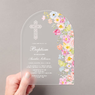 Vivid Pastel Flowers Arch Baptism Acrylic Invitations