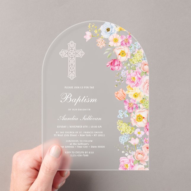 Vivid Pastel Flowers Arch Baptism Acrylic Invitations (Insitu (Handheld))
