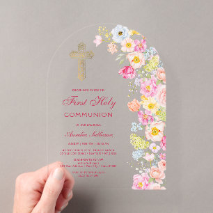 Vivid Pastel Flowers Arch First Communion Acrylic Invitations
