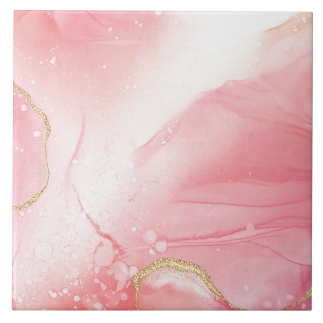 Vivid Pink and Gold Watercolor Marble Tile (Front)