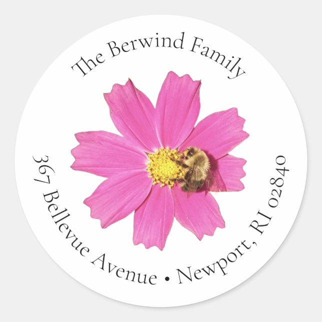 Vivid Pink Cosmos Flower Round Address Label (Front)