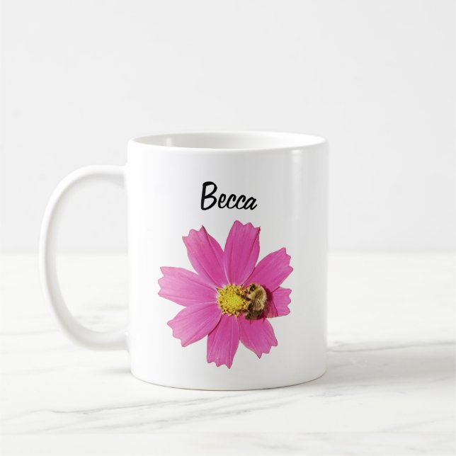 Vivid Pink Cosmos Flower with a Bee Personalized Coffee Mug (Left)