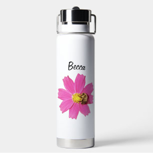 Vivid Pink Cosmos Flower with a Bee Personalized Water Bottle