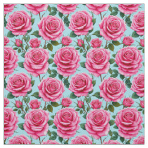 Vivid Pink Roses Patterned Against a Clear Sky Fabric