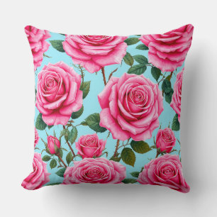 Vivid Pink Roses Patterned Against Throw Pillow