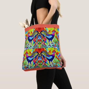 "Vivid Plumage". A Surreal Colourful Cockerel Tote Bag