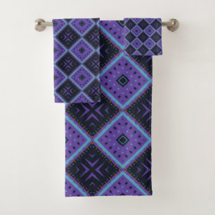 Vivid Purple and Blue Geometric Diamond Pattern Bath Towel Set