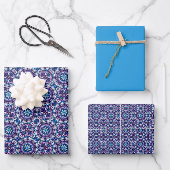 Vivid Purple, Green, Blue & Cream Tile Pattern Wrapping Paper Sheet (Front)