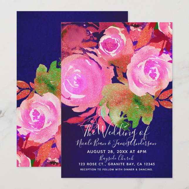 Vivid Purple Modern Spring Floral Bouquet Wedding Invitation (Front/Back)