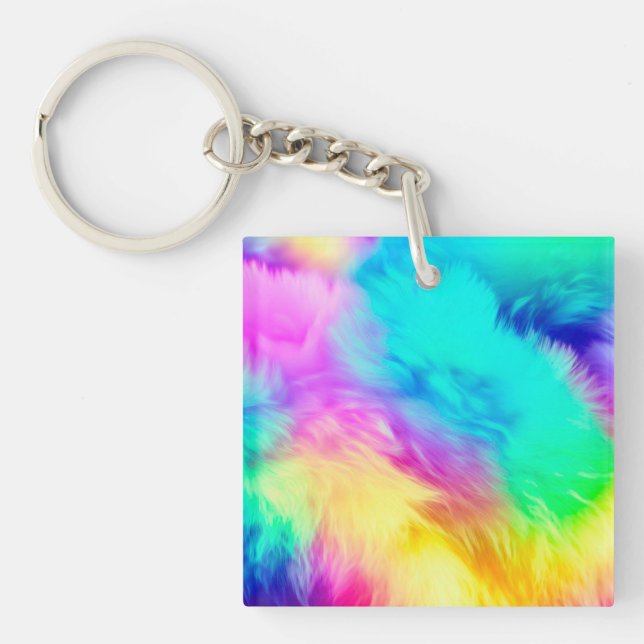 Vivid Rainbow Fluffy Fur Texture Background Design Keychain (Front)