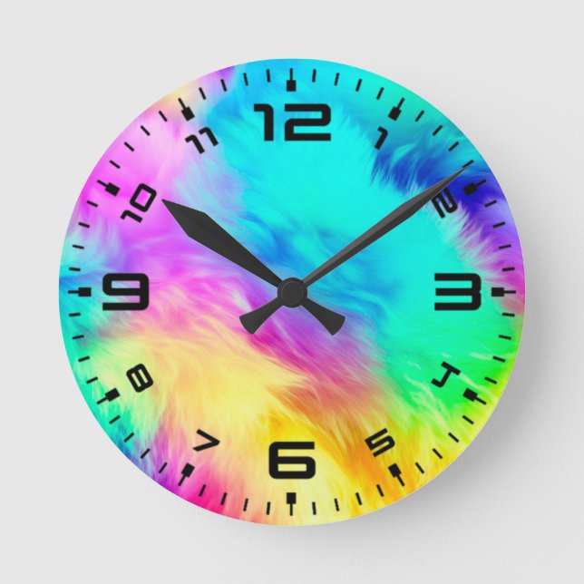 Vivid Rainbow Fluffy Fur Texture Background Design Round Clock (Front)
