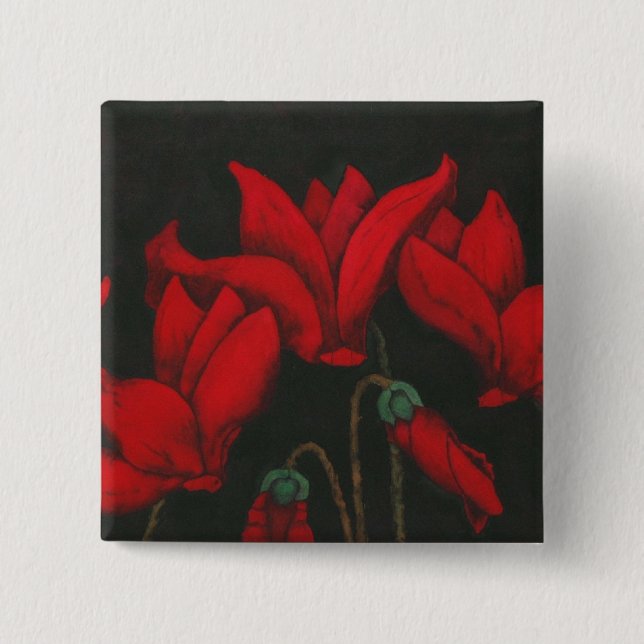 Vivid red Cyclamen on a dark black background 2 Inch Square Button (Front)