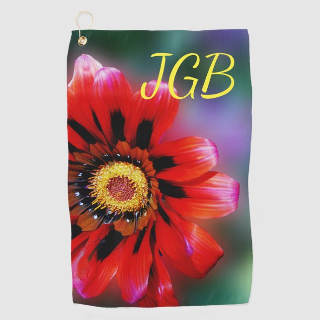 Vivid Red Flower Gazania Monogrammed Monogram Golf Towel (Front)