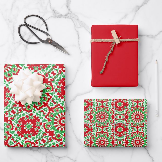 Vivid Red, Green & White Pattern Wrapping Paper Sheet (Front)