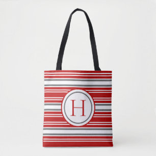 Vivid Red & Grey Modern Striped Tote Bag