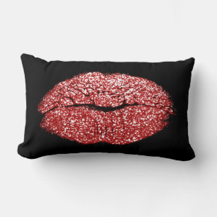 Vivid Red Lips Glitter Black Makeup Kiss Lumbar Pillow