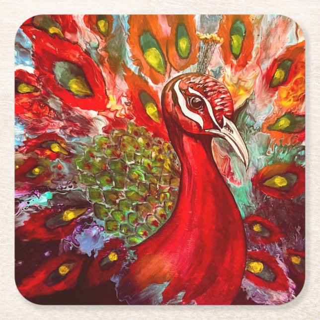 Vivid Red Peacock Coasters (Front)