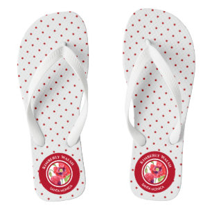 Vivid Red Poppies Floral Circle Polka Dots Flip Flops