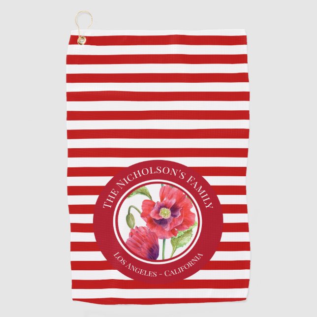 Vivid Red Poppies Floral Circle White Stripes Kitc Golf Towel (Front)