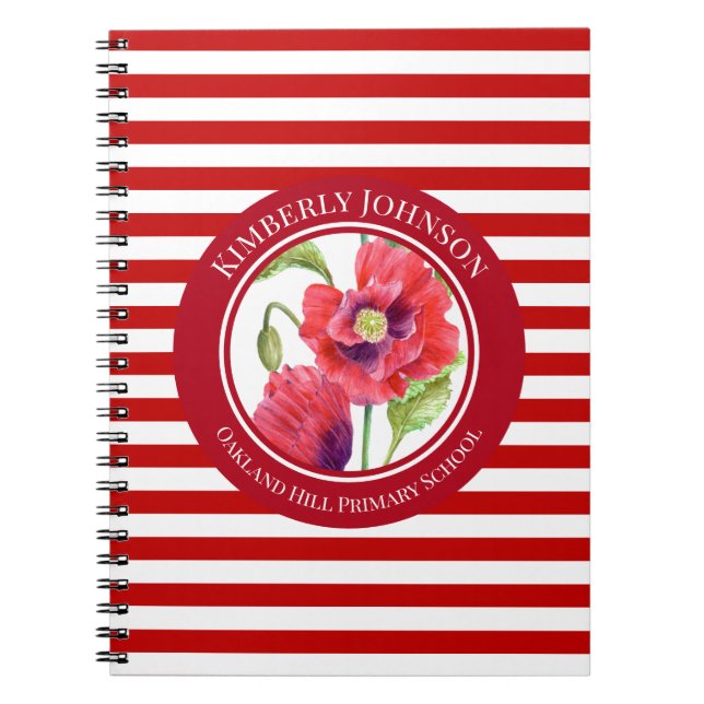 Vivid Red Poppies Floral Circle White Stripes Notebook (Front)